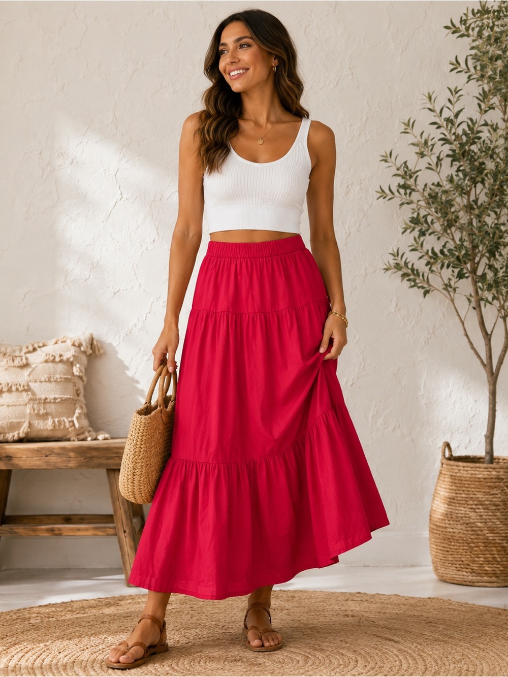 Abercrombie & Fitch Pink Tiered Maxi Skirt Pockets Elastic Waist Large